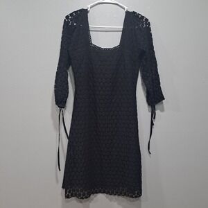 NWT Solitaire x Ravi Khosla Black Crochet Lace Mini Dress Square Neck Tie Sleeve